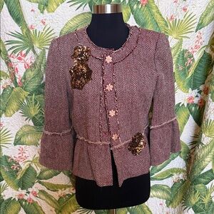 NWOT BCBGMAXAZRIA M Tweed Herringbone Peplum Blazer Jacket w/ Bell Cuffs Sequins